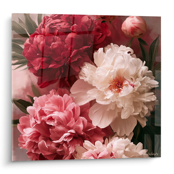 Tableau Pivoines rouge et blanc épanouies - Bouquet en pleine floraison - Edition Pivoine