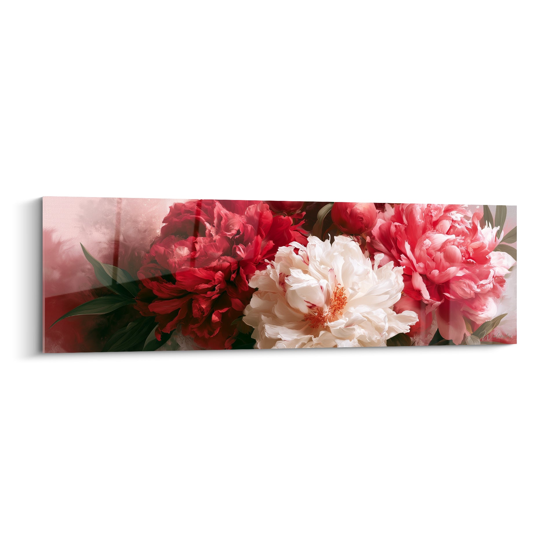 Pivoines rouge bordeaux et blanche crème aux pétales froissés, composition florale dense
