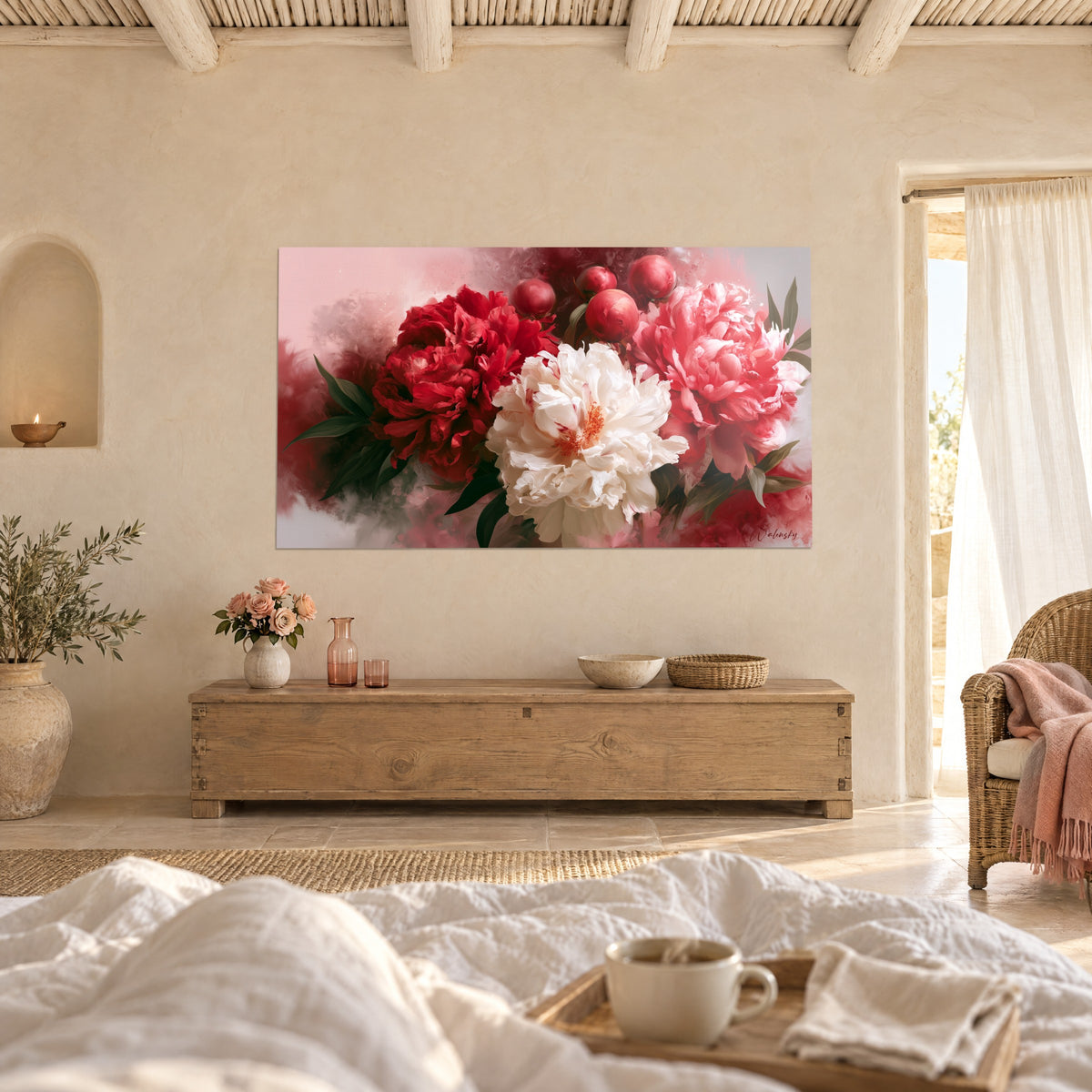 Wall art peonies in deep red and soft pink with crumpled petals, hung above a bed in a bright bedroom
