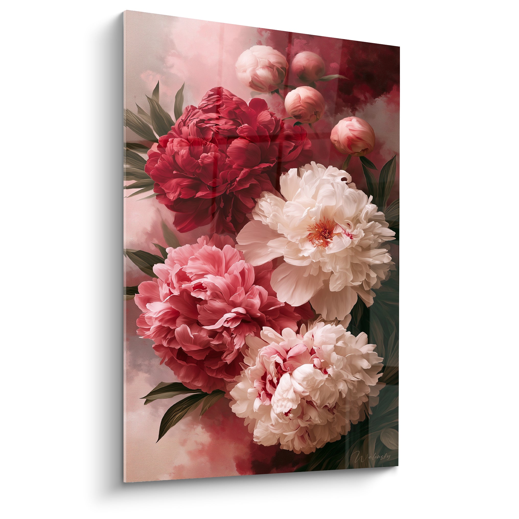 Pivoines rouge bordeaux et blanc crème en bouquet dense sur fond rosé brumeux