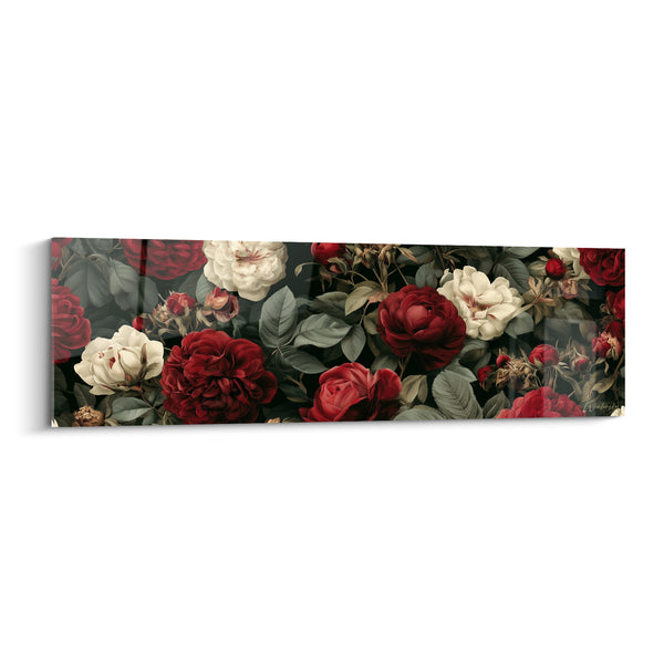 Tableau Pivoines rouge sombre et blanc crème enchevêtrées - Boutons flétris latéraux - Edition Pivoine