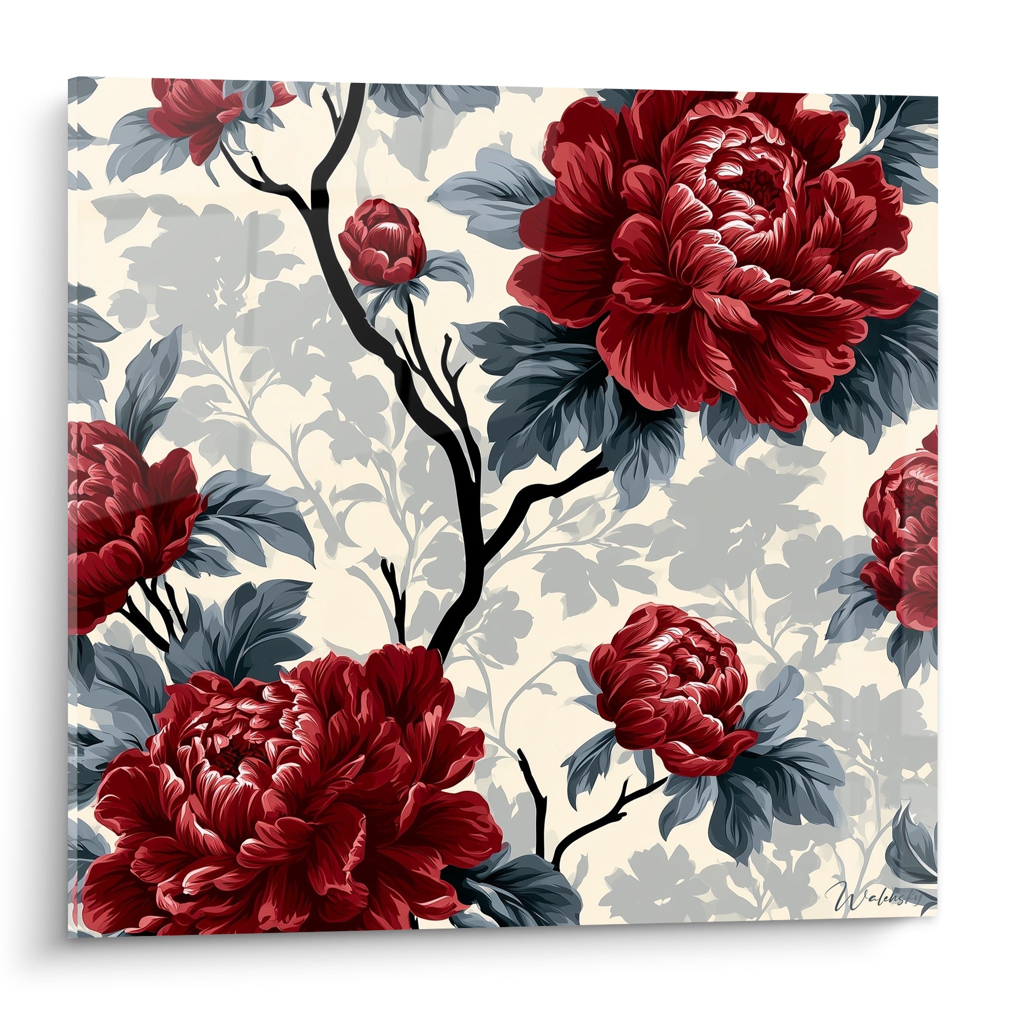 Pivoines rouge bordeaux aux pétales veloutés sur fond ivoire, branches noires graphiques