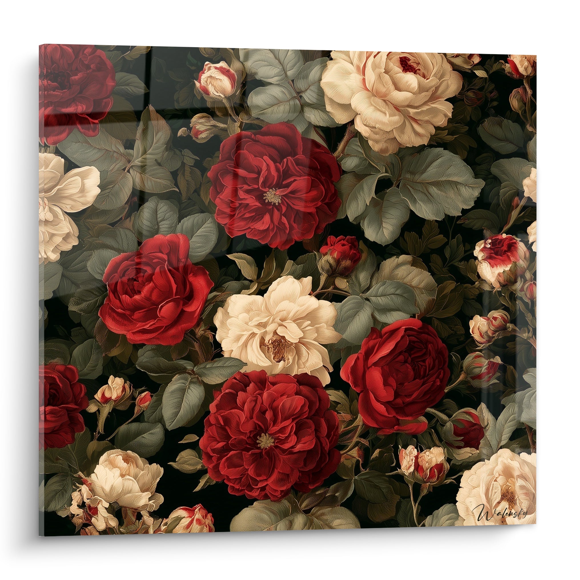 Pivoines rouge bordeaux et crème aux pétales denses sur fond noir profond, style peinture florale