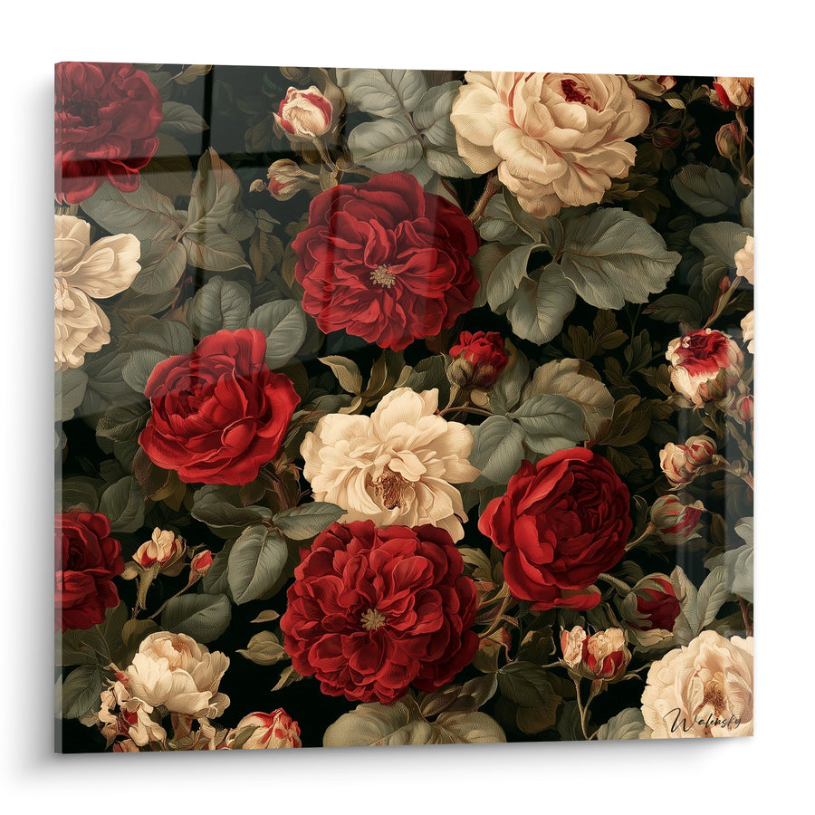 Tableau Pivoines rouge bordeaux et crème sur fond sombre - Jardin nocturne - Edition Pivoine
