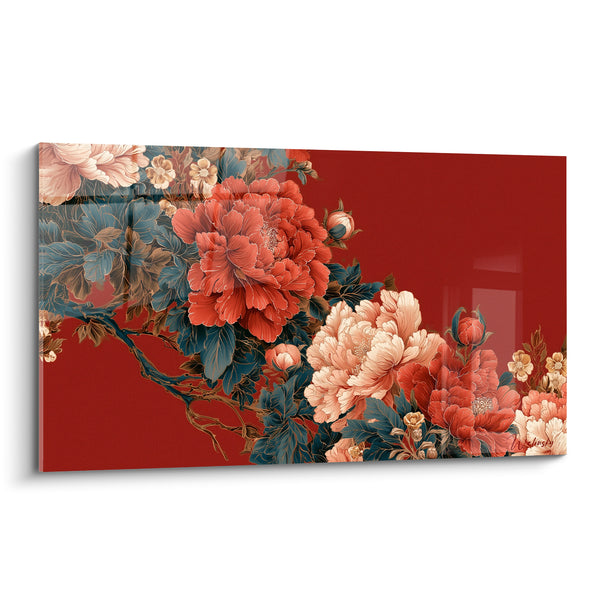 Tableau Pivoines rouge et ivoire aux feuilles bleu pétrole - Branche noueuse en diagonale - Edition Pivoine