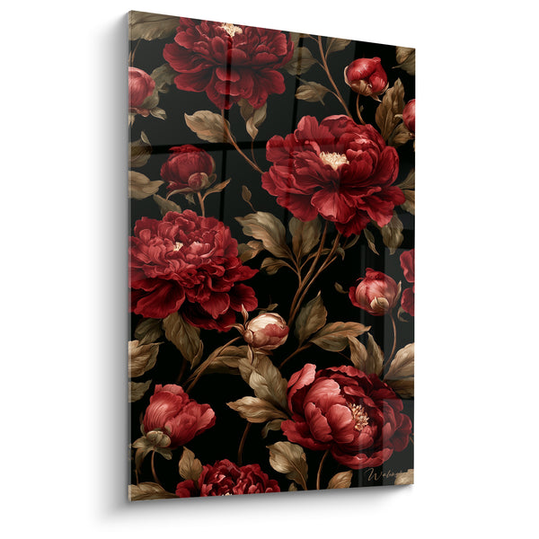 Tableau Pivoines rouge foncé et brun sur fond noir profond - Boutons ronds serrés - Edition Pivoine