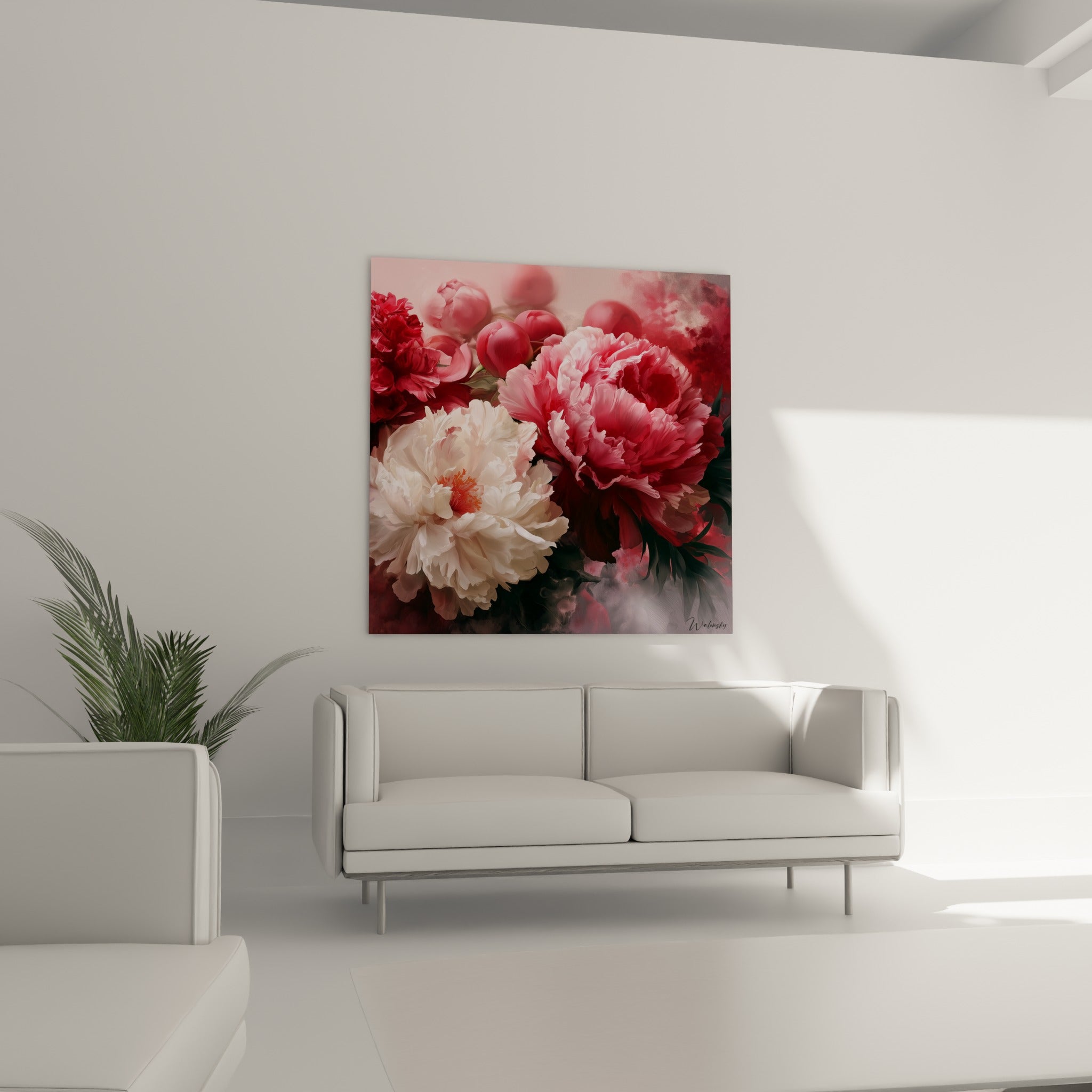 Pivoine rose profond et pivoine blanche immaculée, suspendues au-dessus d'un canapé dans un salon lumineux