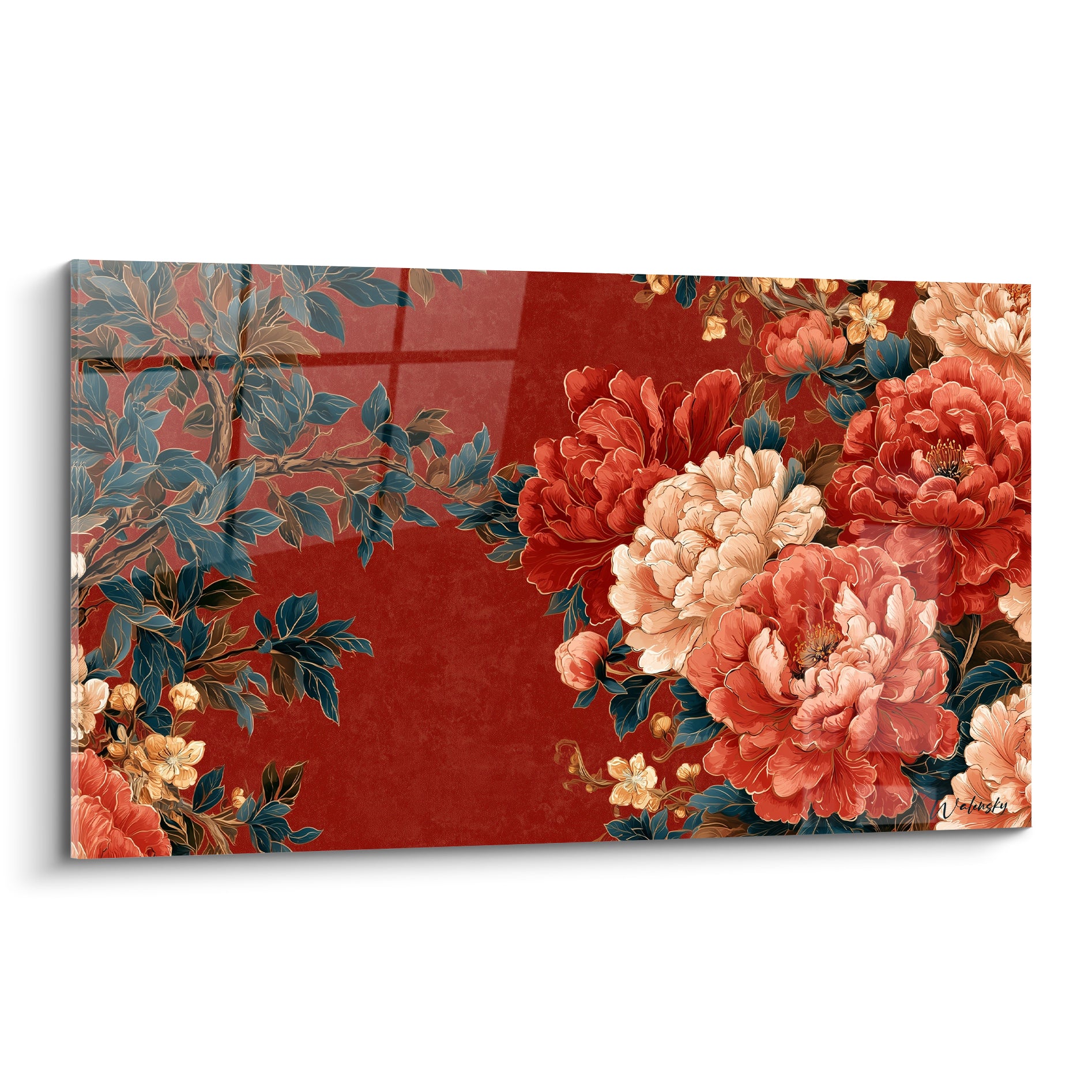 Pivoines rouge carmin et bleu pétrole en pleine floraison sur fond patiné, style estampe raffinée