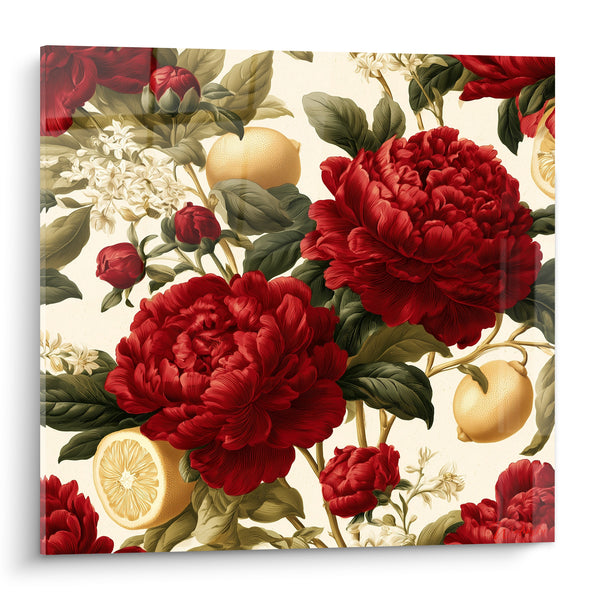 Tableau Pivoines rouges et citrons dorés - Jardin généreux - Edition Pivoine