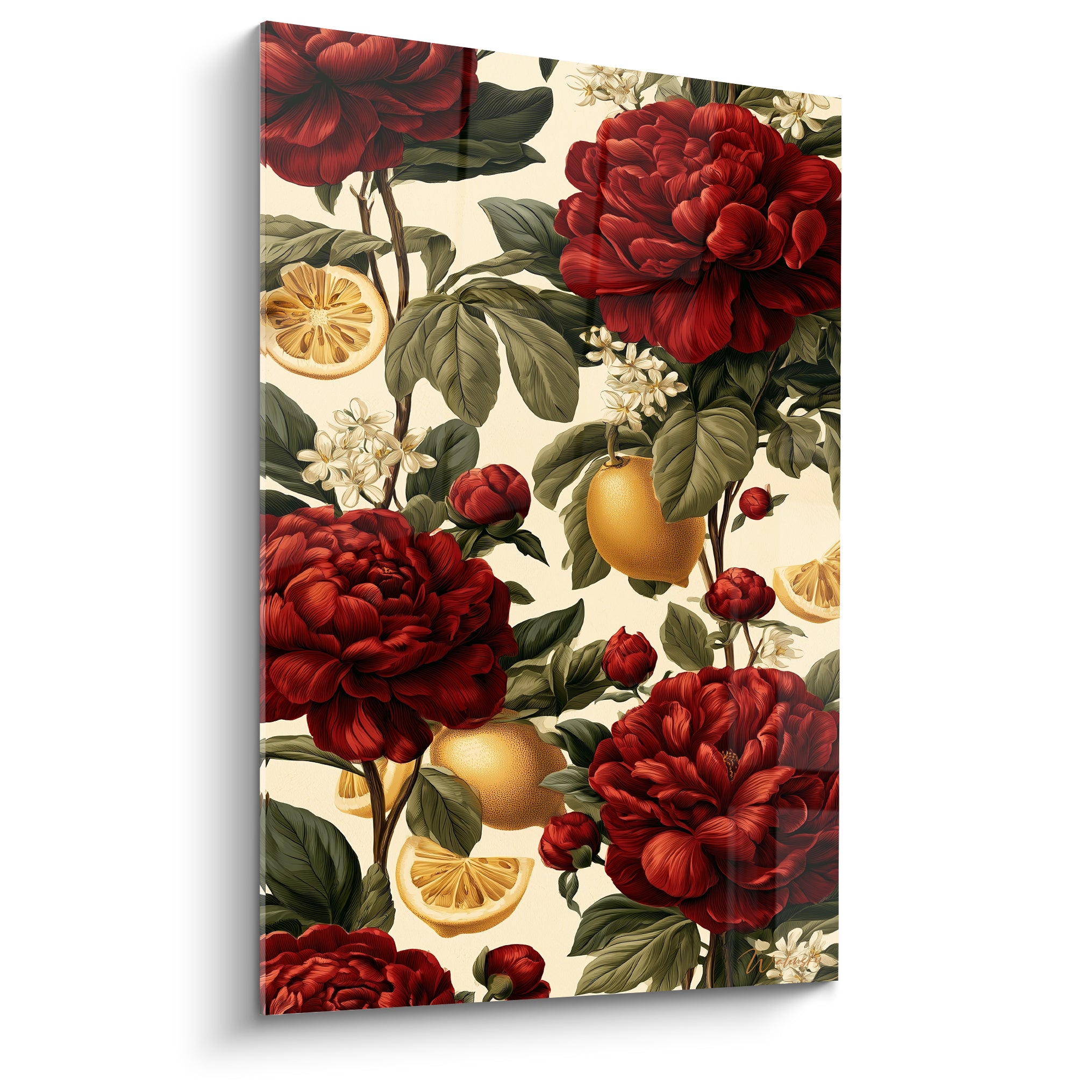 Pivoines rouge bordeaux et citrons dorés sur fond ivoire, illustration botanique détaillée