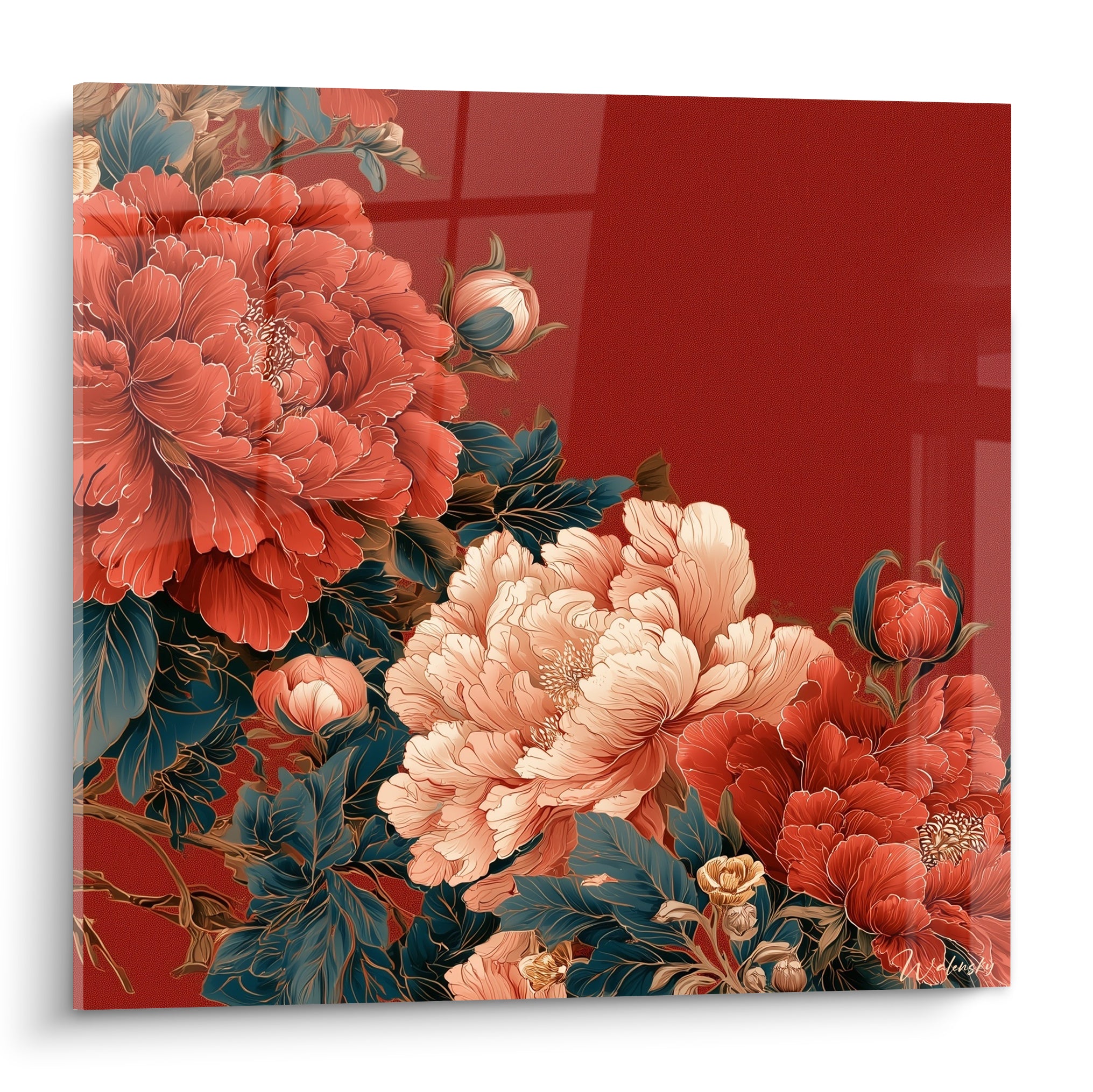 Pivoines rouge corail et ivoire aux feuillages bleu pétrole sur fond bordeaux profond
