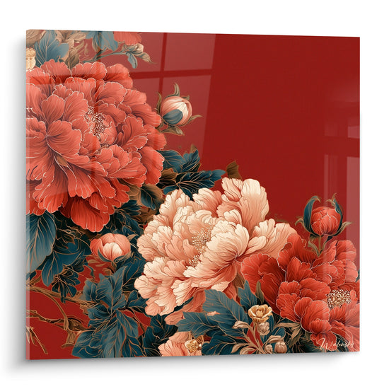Pivoines rouge corail et ivoire aux feuillages bleu pétrole sur fond bordeaux profond