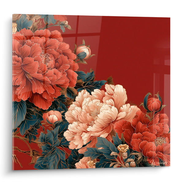 Tableau Pivoines corail et ivoire sur fond rouge - Boutons fermés et feuillage bleuté - Edition Pivoine