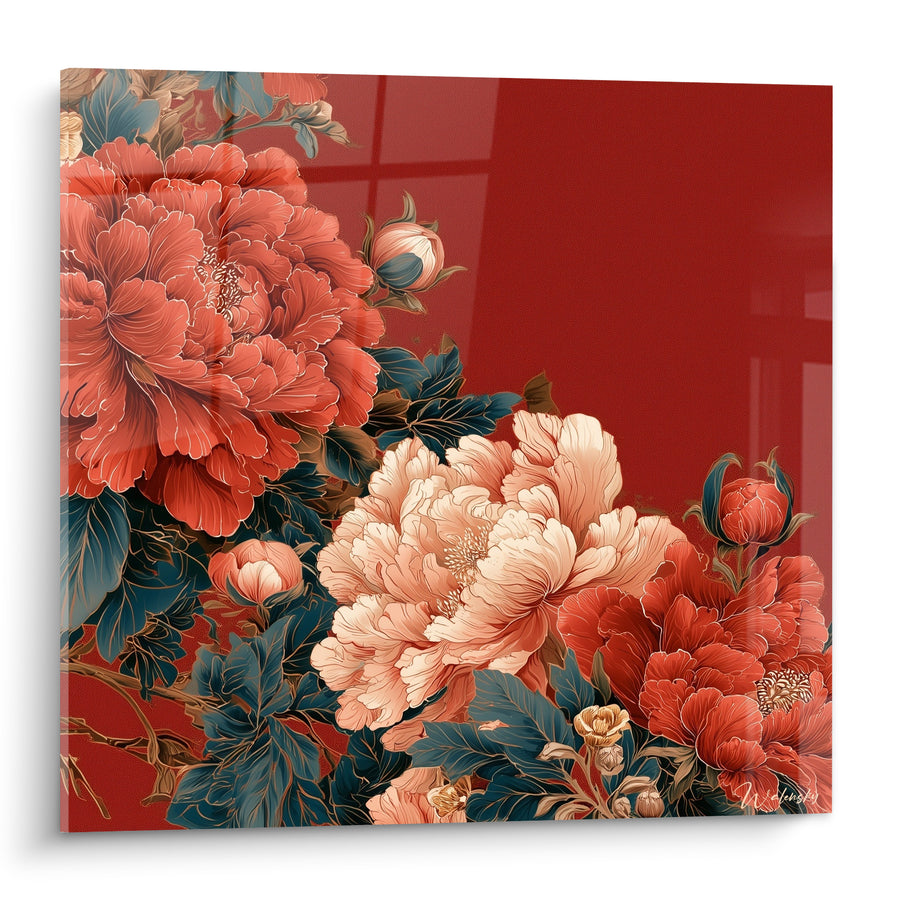Tableau Pivoines corail et ivoire sur fond rouge - Boutons fermés et feuillage bleuté - Edition Pivoine