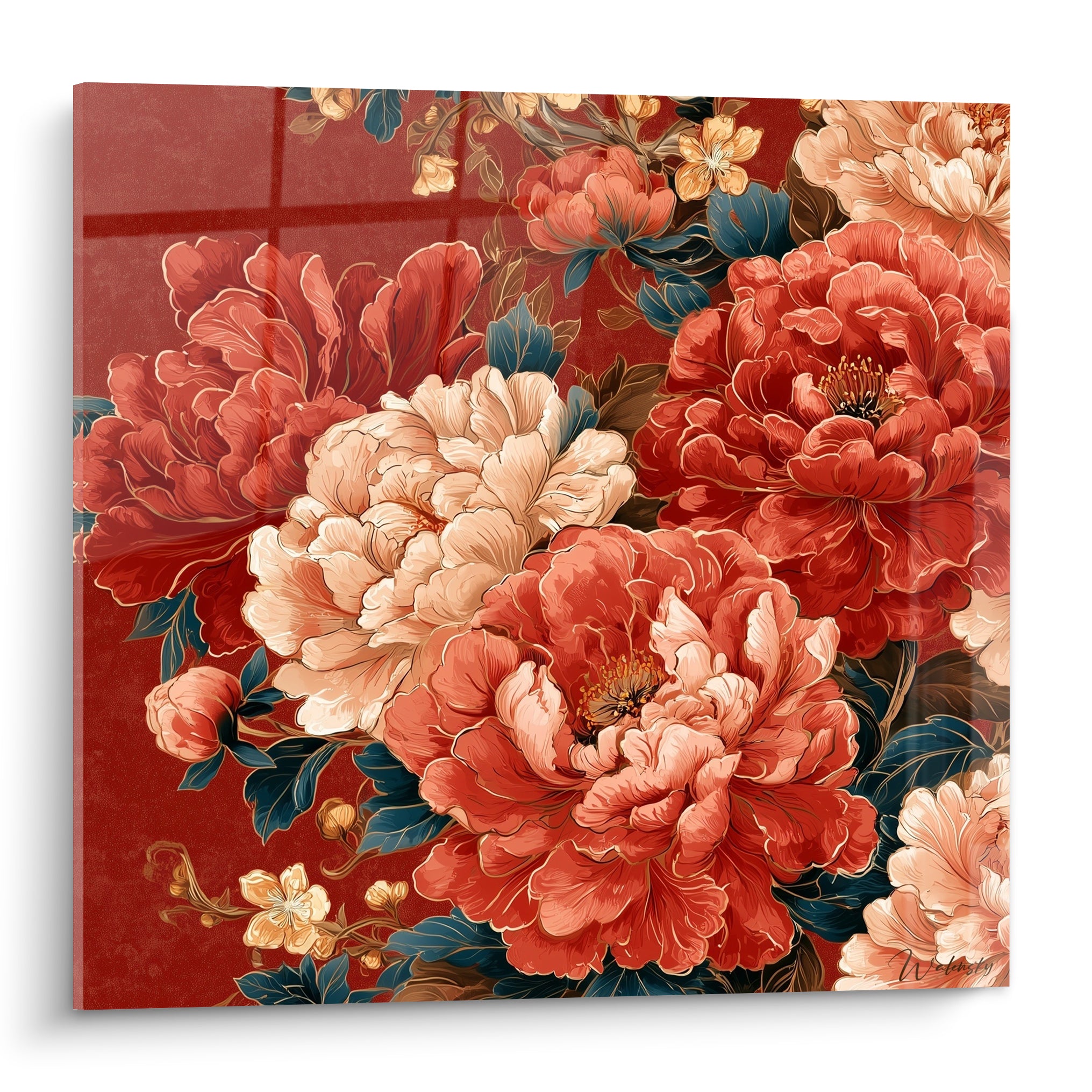 Pivoines rouge corail et ivoire aux pétales denses sur fond brique quadrillé