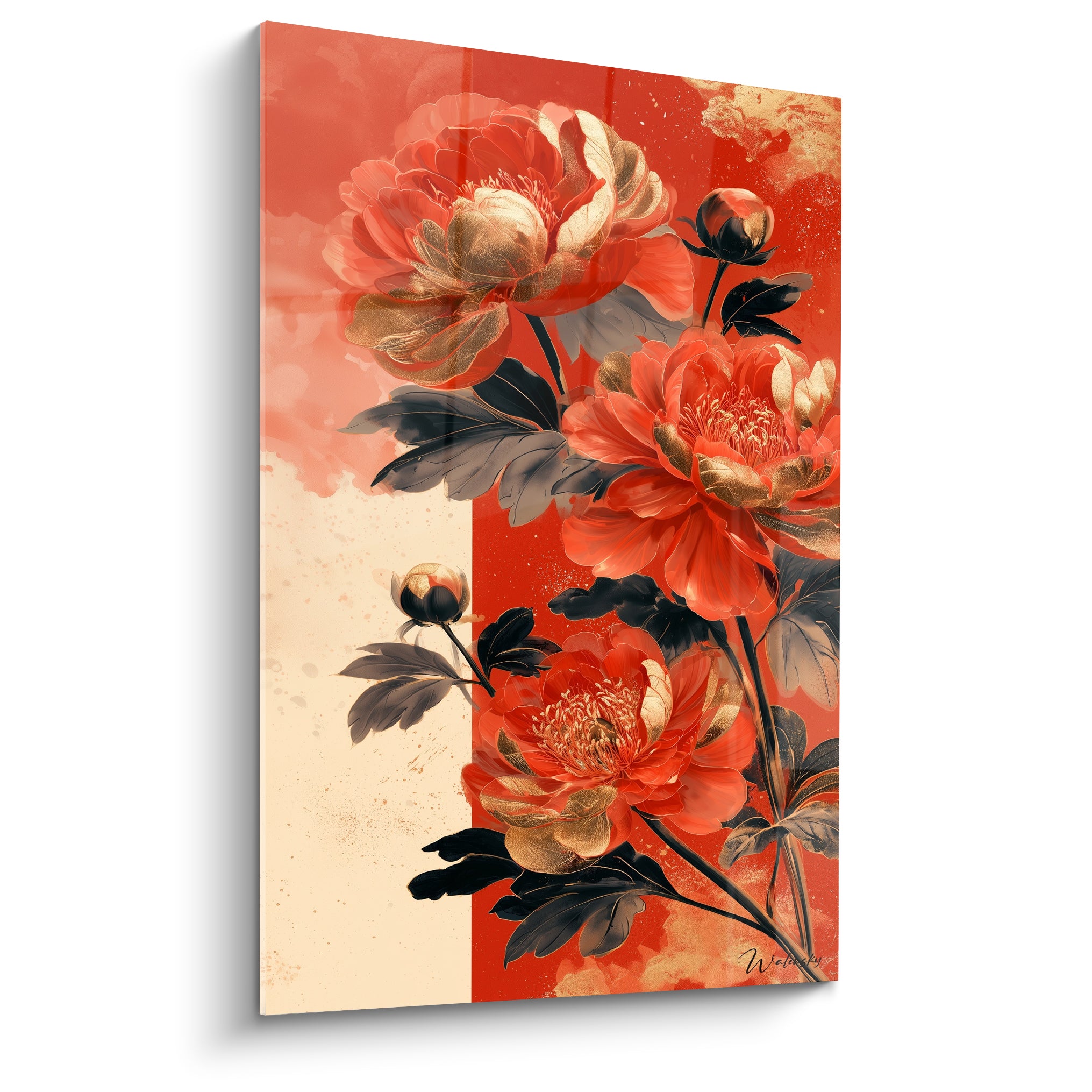 Pivoine rouge et dorée aux feuilles anthracite sur fond ivoire fractionné