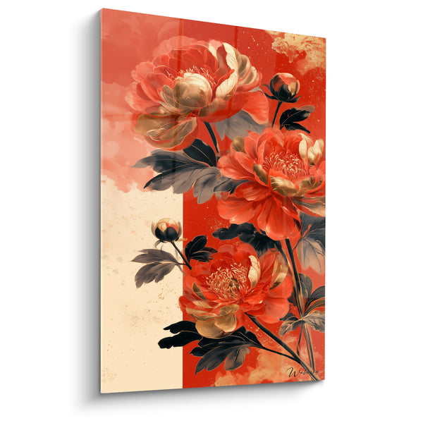 Tableau Pivoines corail et dorées sur bande ivoire verticale - Feuillage noir contrasté - Edition Pivoine