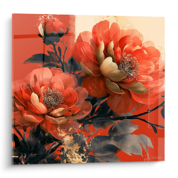 Tableau Pivoines corail et dorées aux feuillages noirs - Éclats d'encre noire - Edition Pivoine