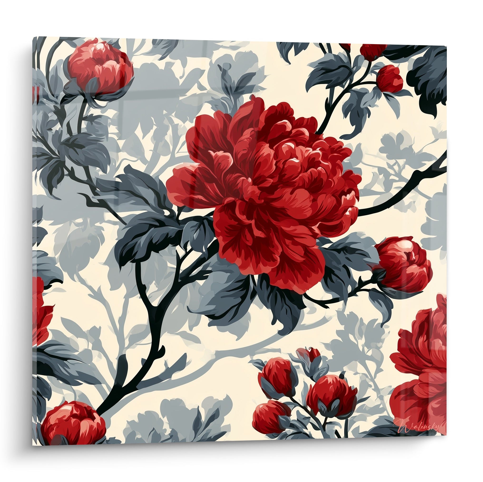 Pivoine rouge intense aux pétales denses, feuillage bleu ardoise sur fond ivoire lumineux