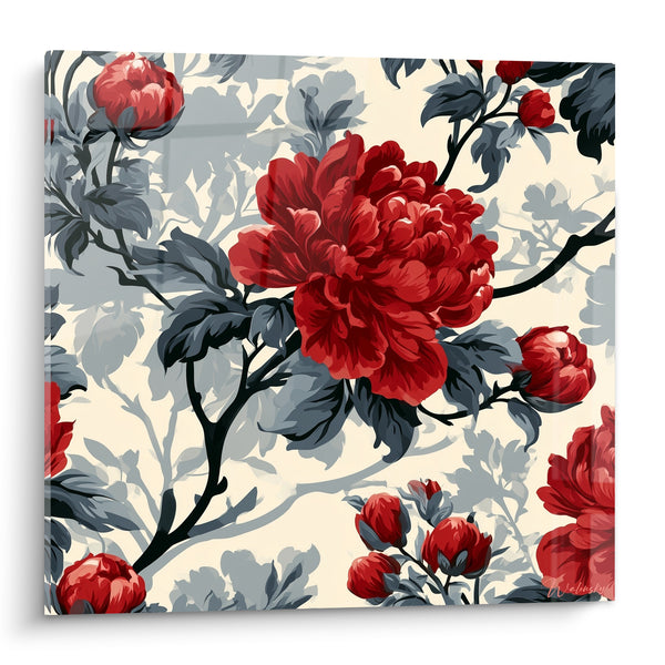Tableau Pivoine rouge et grise aux feuillages fantômes - Ombres de branches - Edition Pivoine