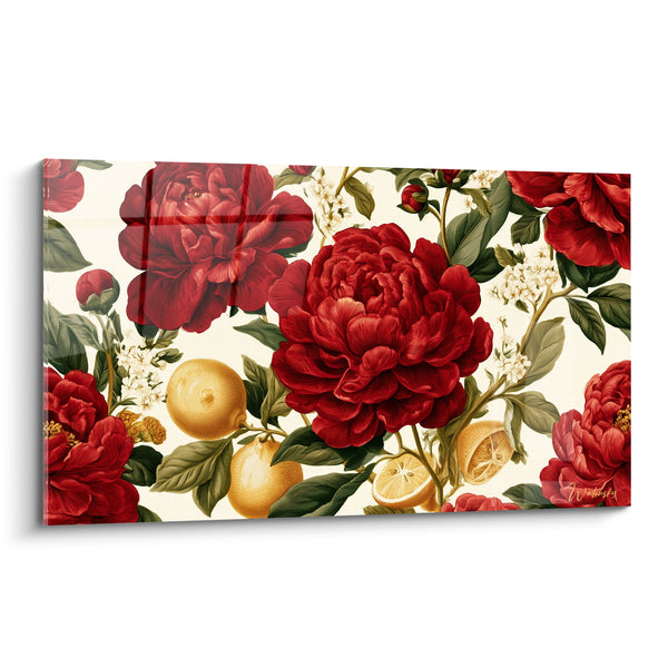 Tableau Pivoines rouges et ivoire aux citrons dorés - Petites fleurs blanches - Edition Pivoine