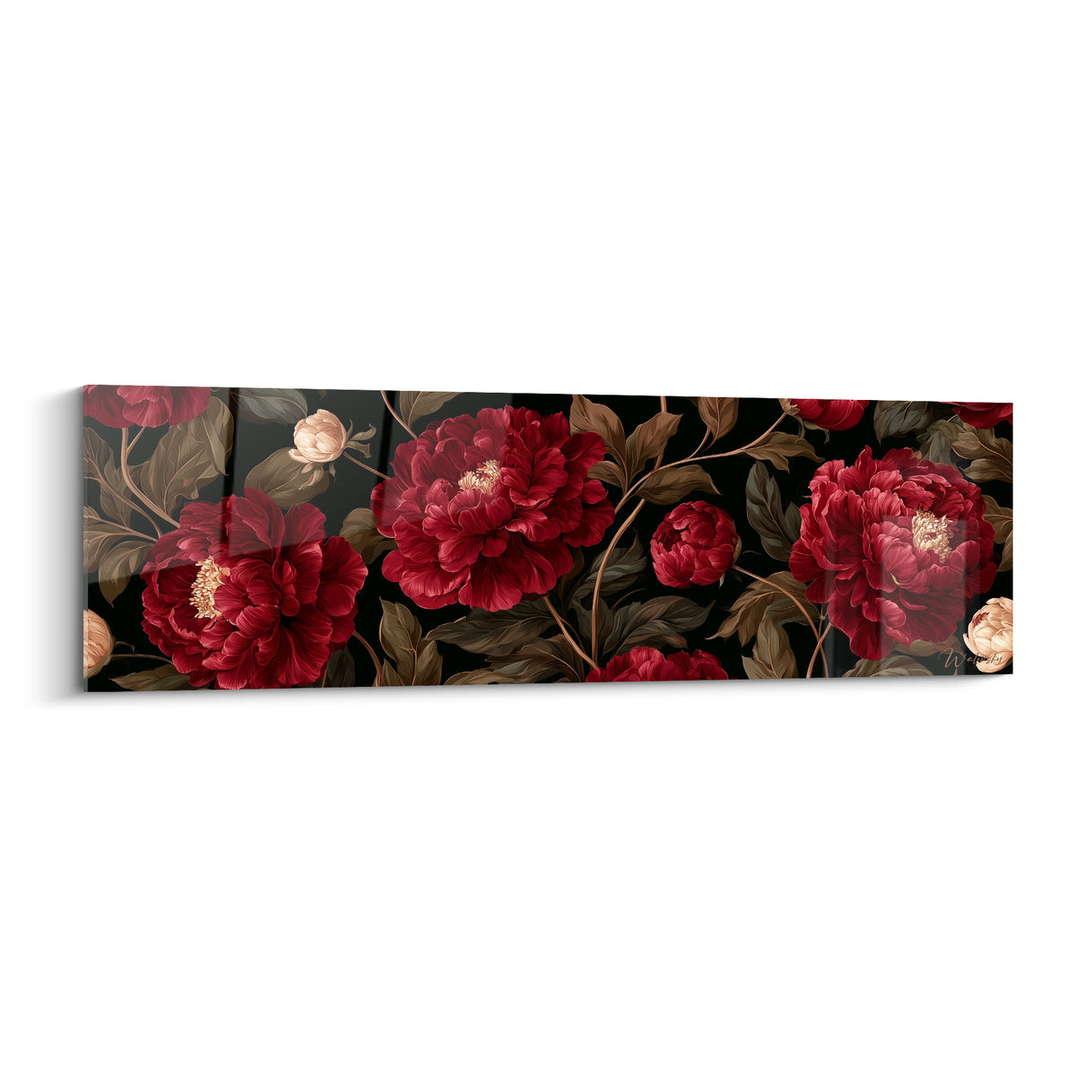 Pivoines rouge grenat épanouies sur fond noir profond, pétales denses et feuillage kaki détaillé