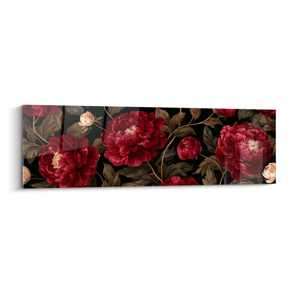 Tableau Pivoines rouge grenat et brun sur fond noir - Rameaux entrelacés serrés - Edition Pivoine