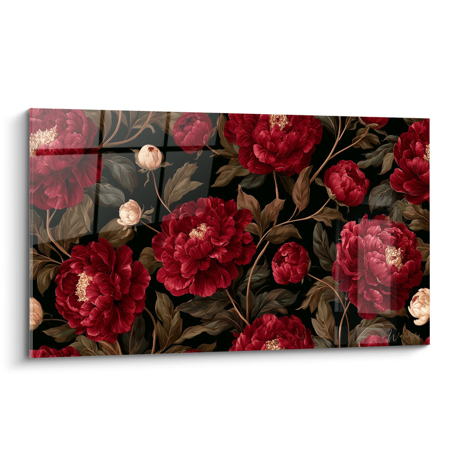 Tableau Pivoines grenat et ivoire aux boutons crème serrés - Feuilles brun olive - Edition Pivoine