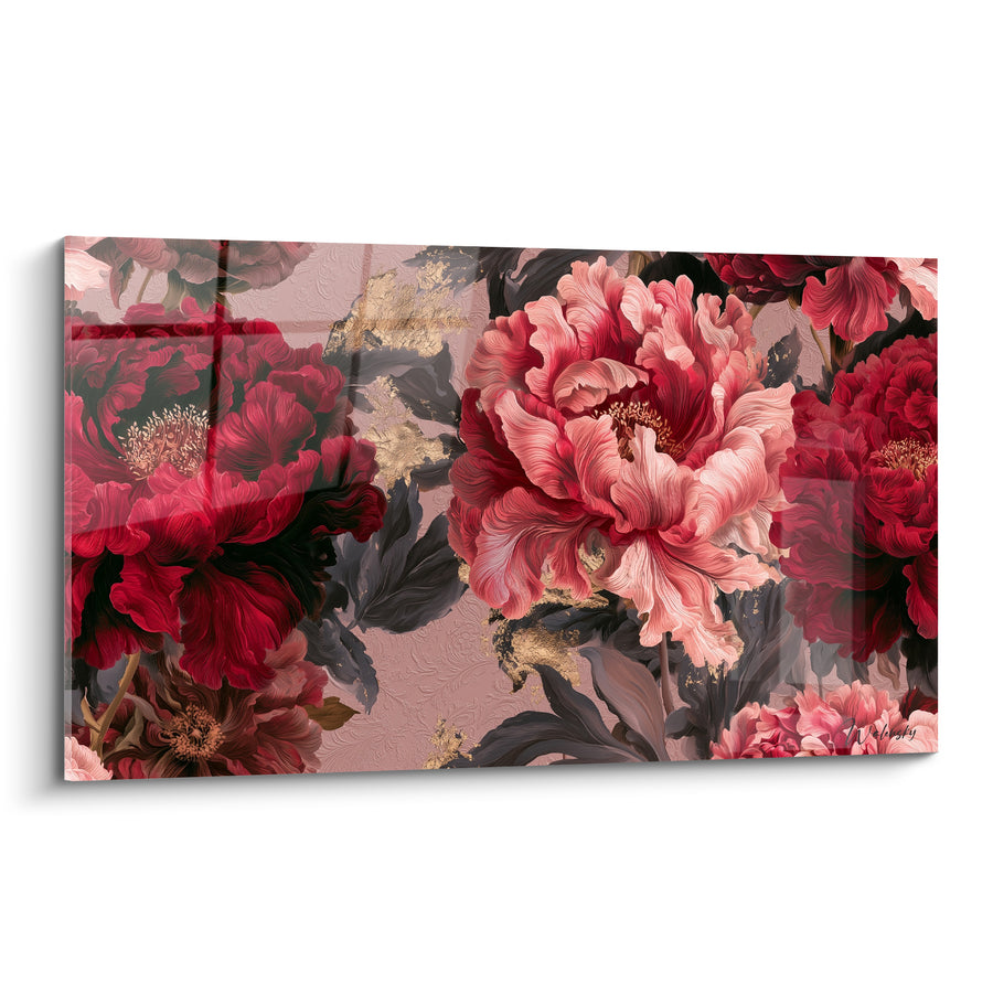 Tableau Pivoines rouges et roses aux éclats dorés - Feuillage noir texturé - Edition Pivoine