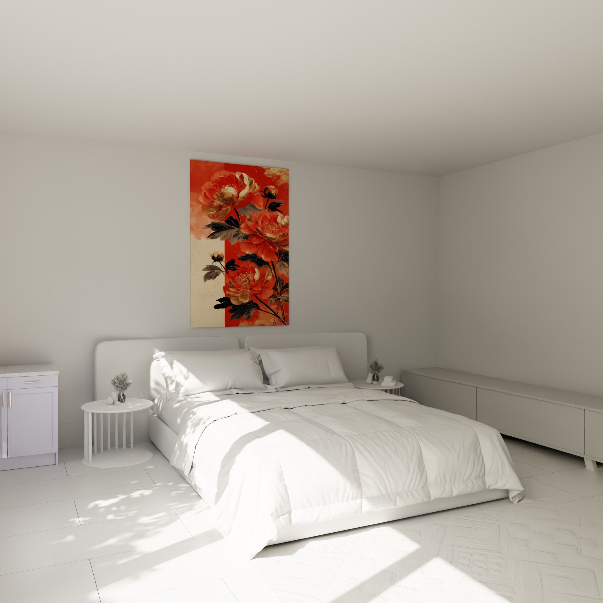Fleurs de pivoine rouge et or déployées au-dessus d'un lit dans une chambre claire