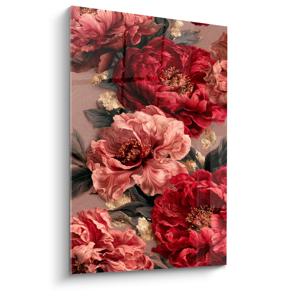 Tableau Pivoines rouges et roses aux éclats d'or - Cœurs veloutés touffus - Edition Pivoine