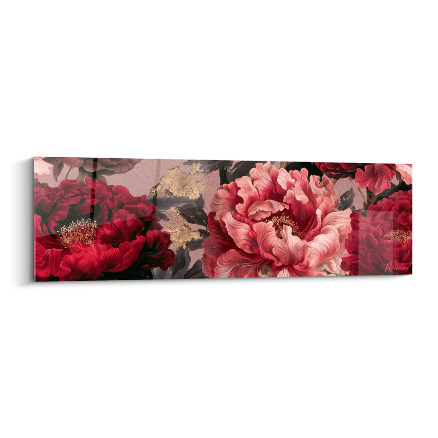 Tableau Pivoine rouge et rose aux nervures dorées éclatées - Feuilles noires en fond - Edition Pivoine