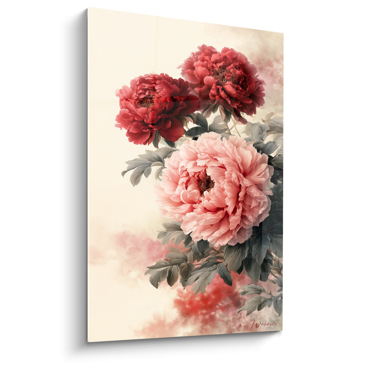 Pivoines rouge sombre et rose poudré sur fond ivoire brumeux, style aquarelle raffiné