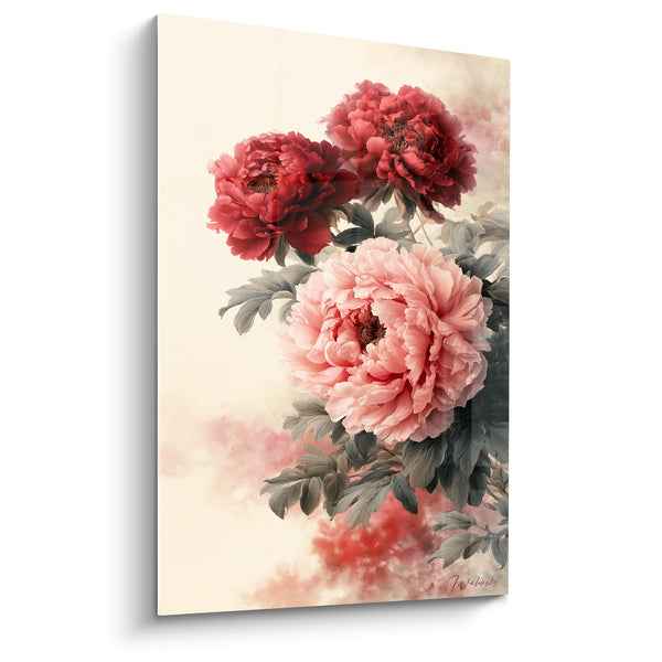 Tableau Pivoines rouge et rose sur fond ivoire - Bouquet suspendu - Edition Pivoine