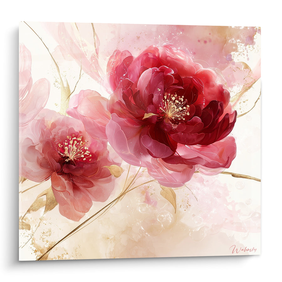 Tableau Pivoines rouge et rose aux fines tiges dorées - Bulles transparentes en arrière-plan - Edition Pivoine