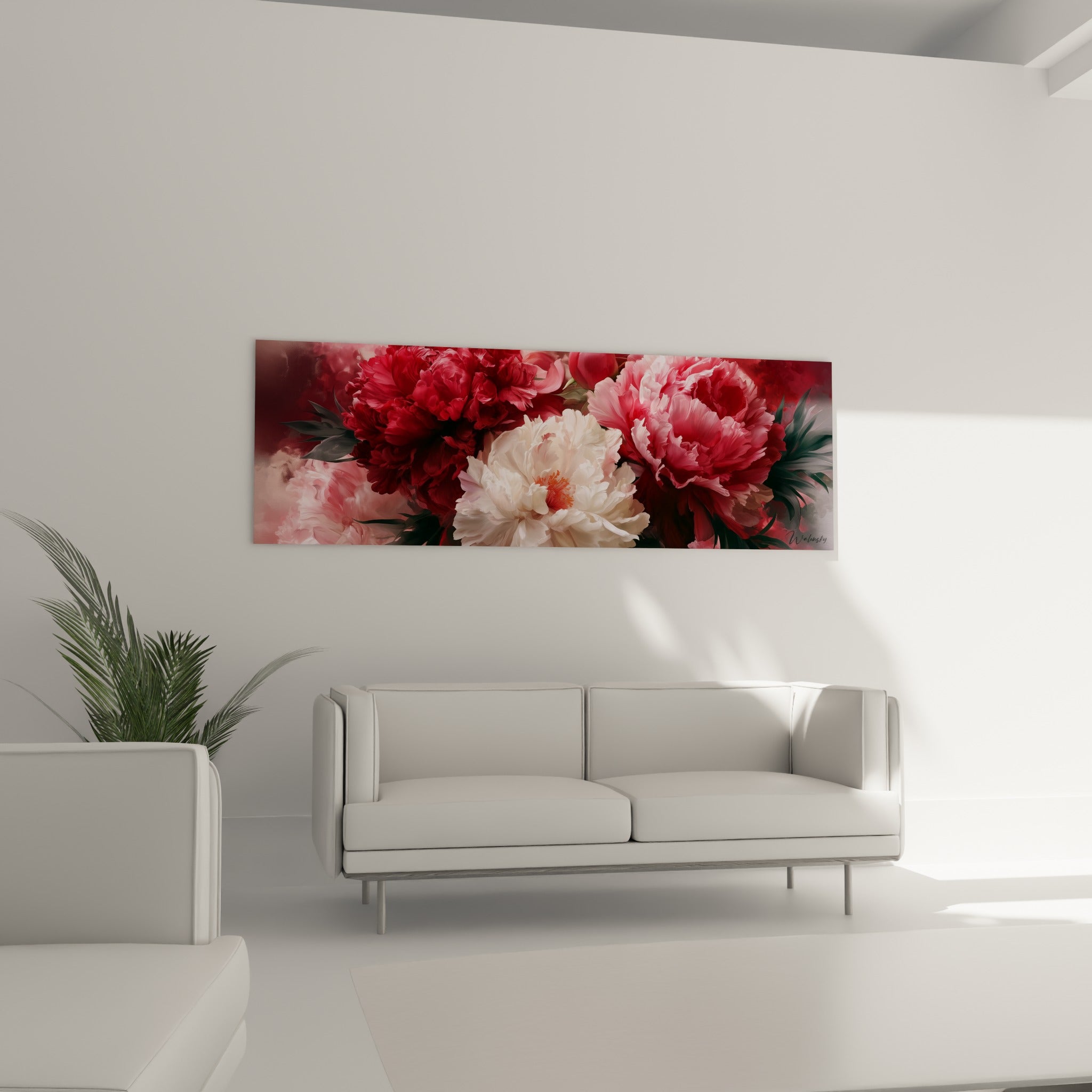 Fleurs de pivoines bordeaux et blanches déployées au-dessus d'un canapé dans un salon lumineux