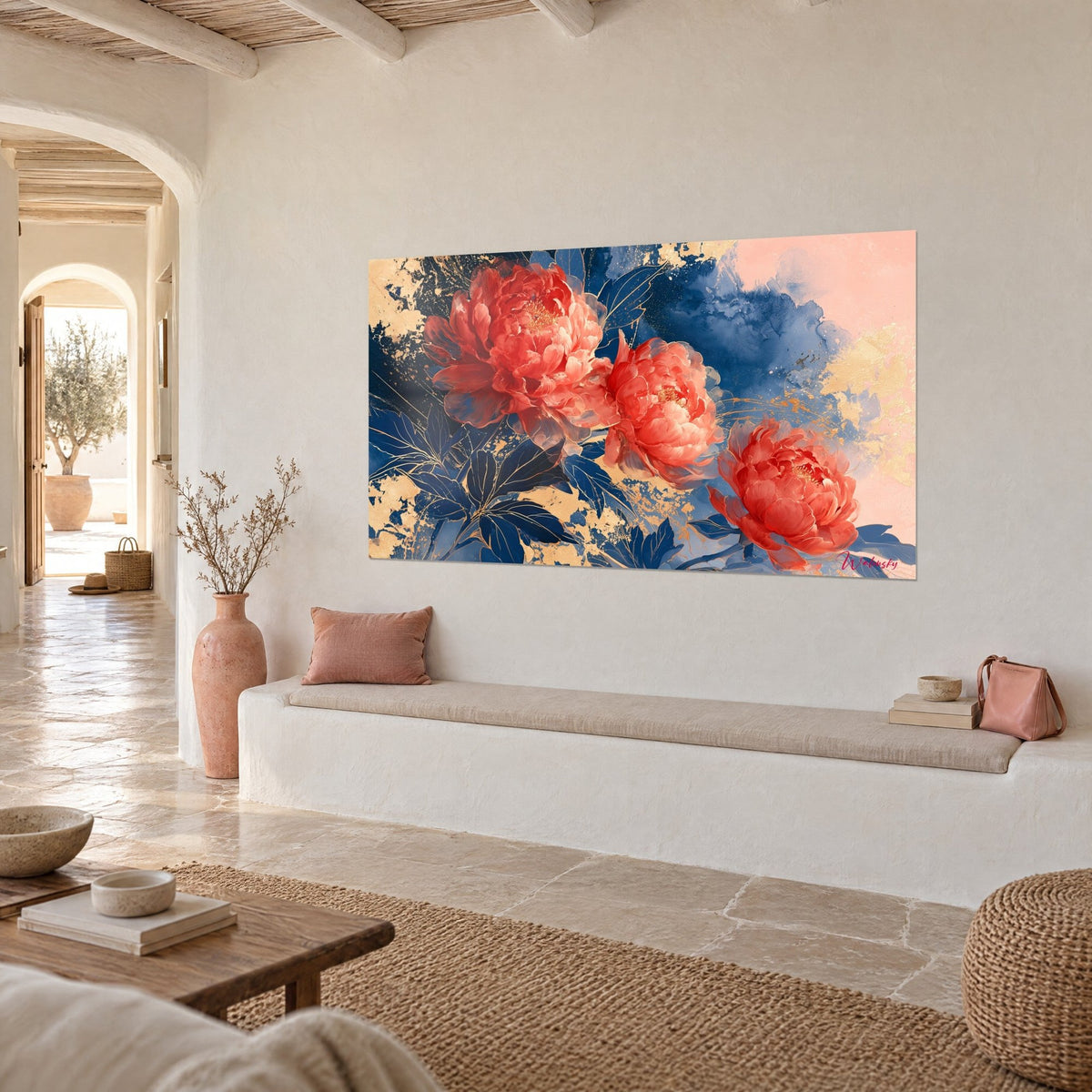 Gemälde Pfingstrosen in Korallenrosa mit Goldspritzern, nachtblaue und puderrosa Wolken, weiße Wand eines mediterranen Hauses