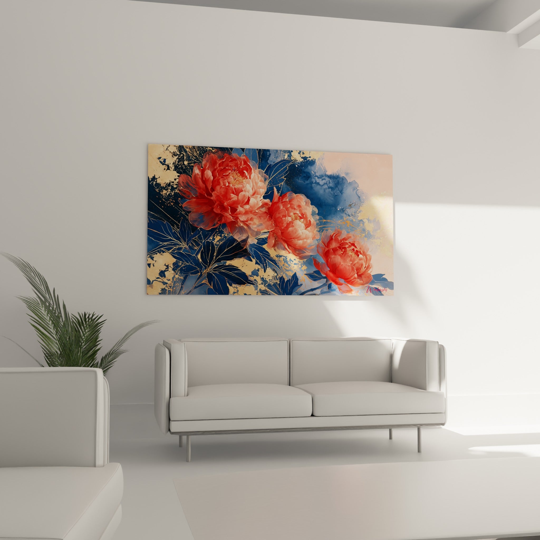 Bouquet de pivoines roses et bleu nuit doré, disposé au-dessus d'un canapé dans un salon lumineux