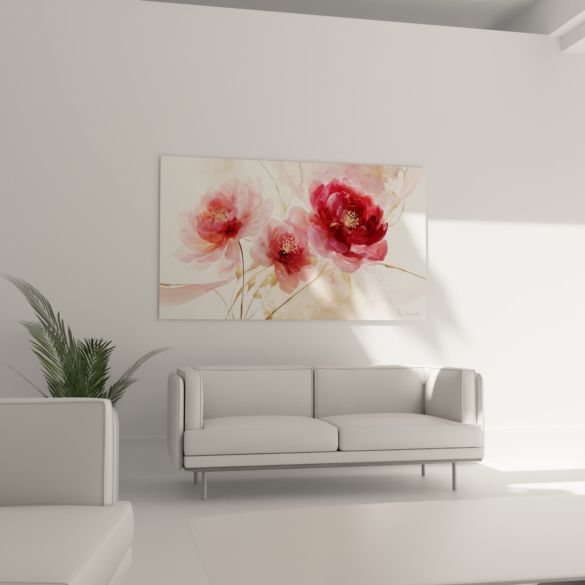 Fleurs de pivoine bordeaux et rose corail aux traits dorés au-dessus d'un canapé dans un salon lumineux