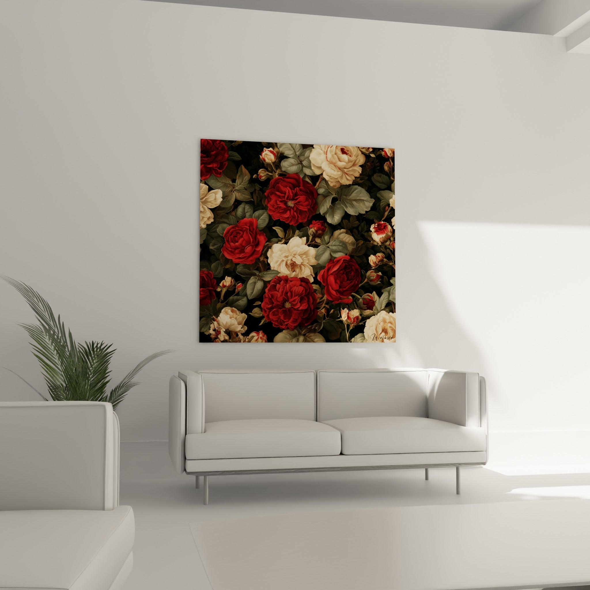 Fleurs de pivoine rouge sombre et crème au-dessus d'un canapé dans un salon lumineux et épuré