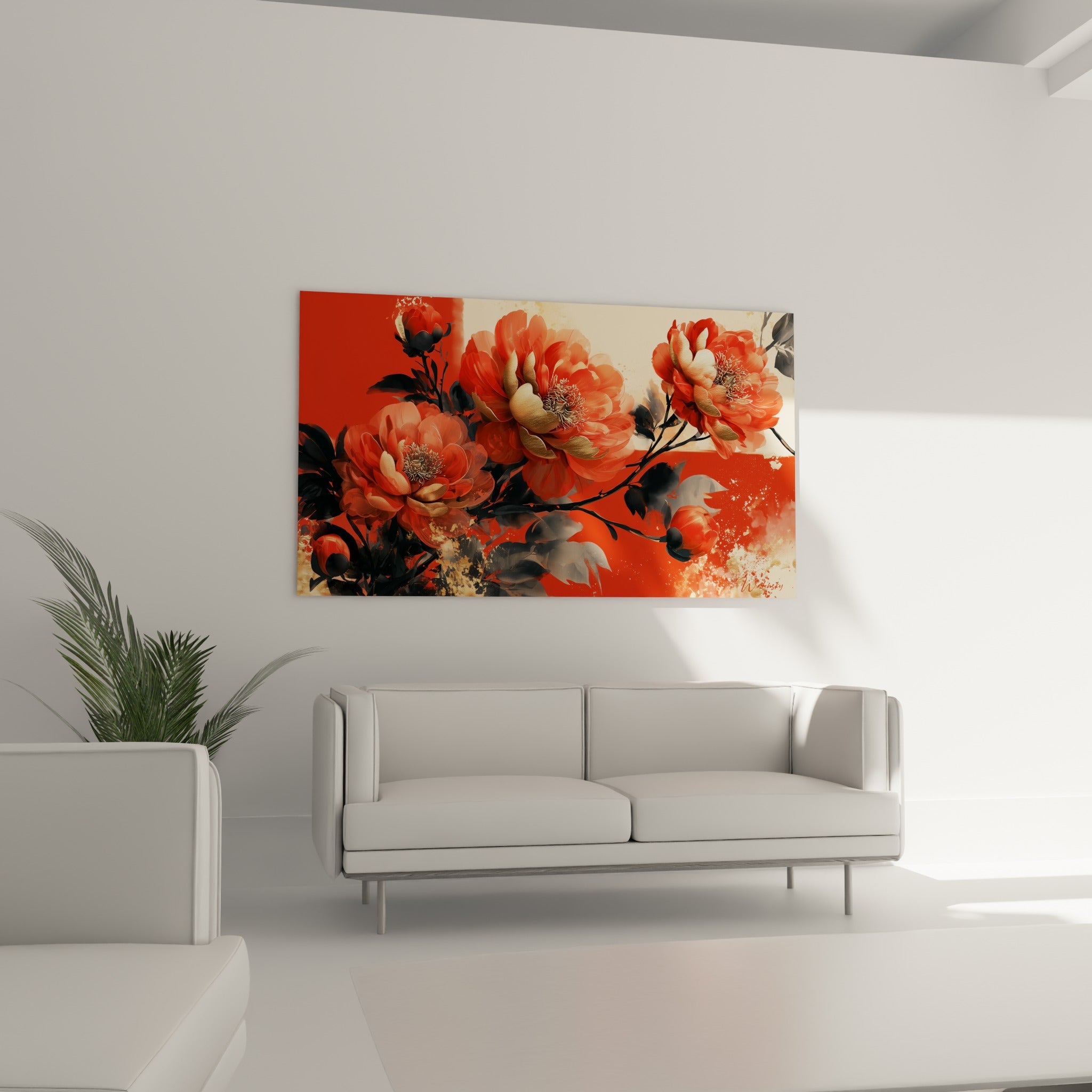 Fleurs de pivoine rouge et ivoire aux feuillages sombres suspendues au-dessus d'un canapé dans un salon lumineux