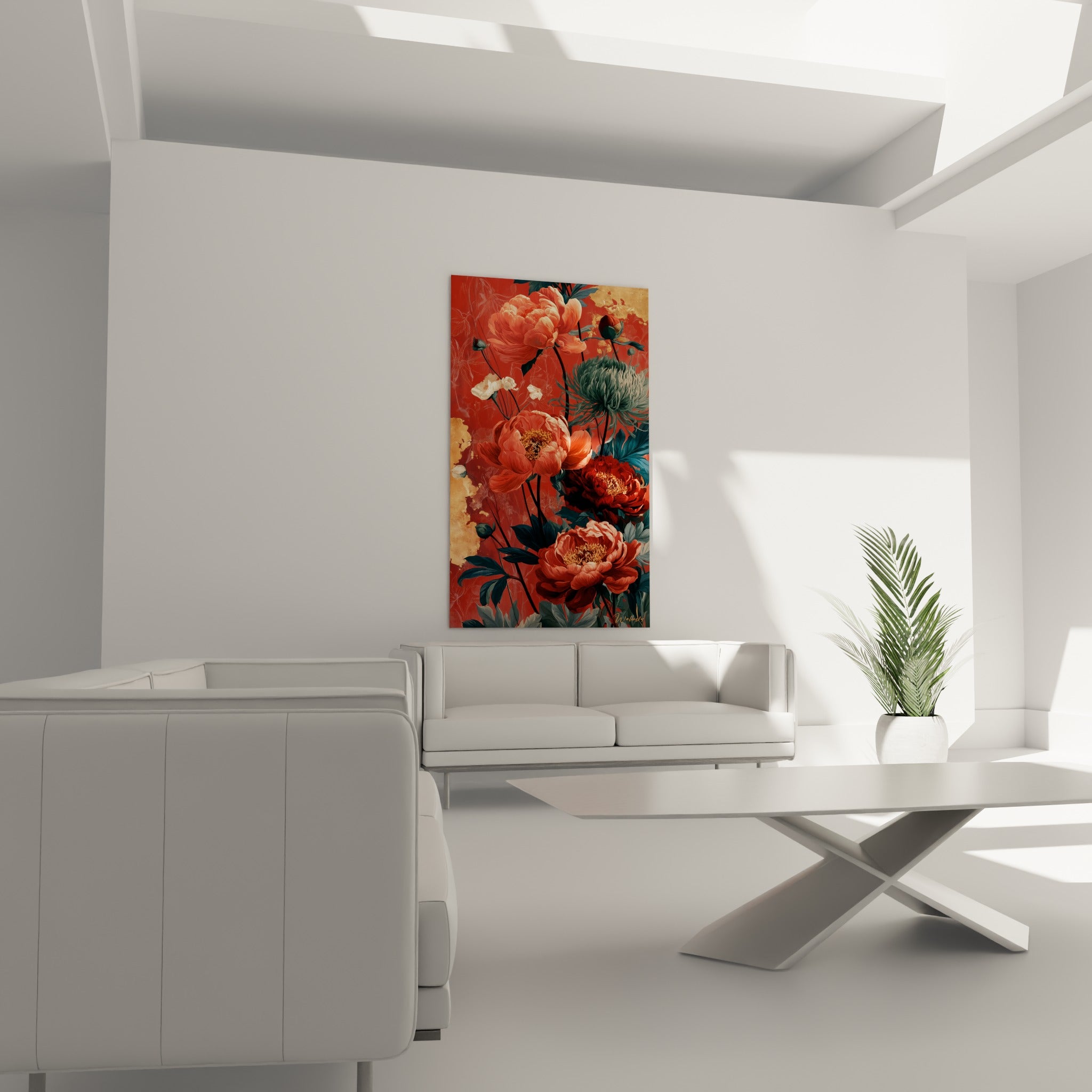 Bouquet de pivoines corail et chrysanthème bleu-gris, disposé au-dessus d'un canapé dans un salon lumineux