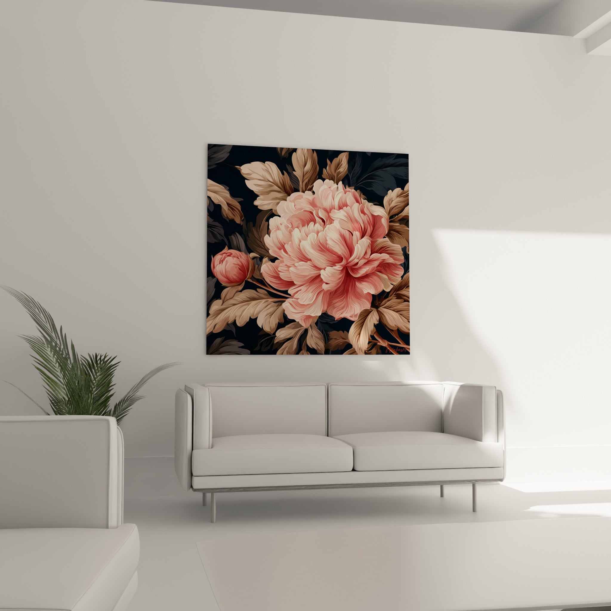Fleur corail et bouton rosé de la Pivoine au-dessus d'un canapé dans un salon lumineux