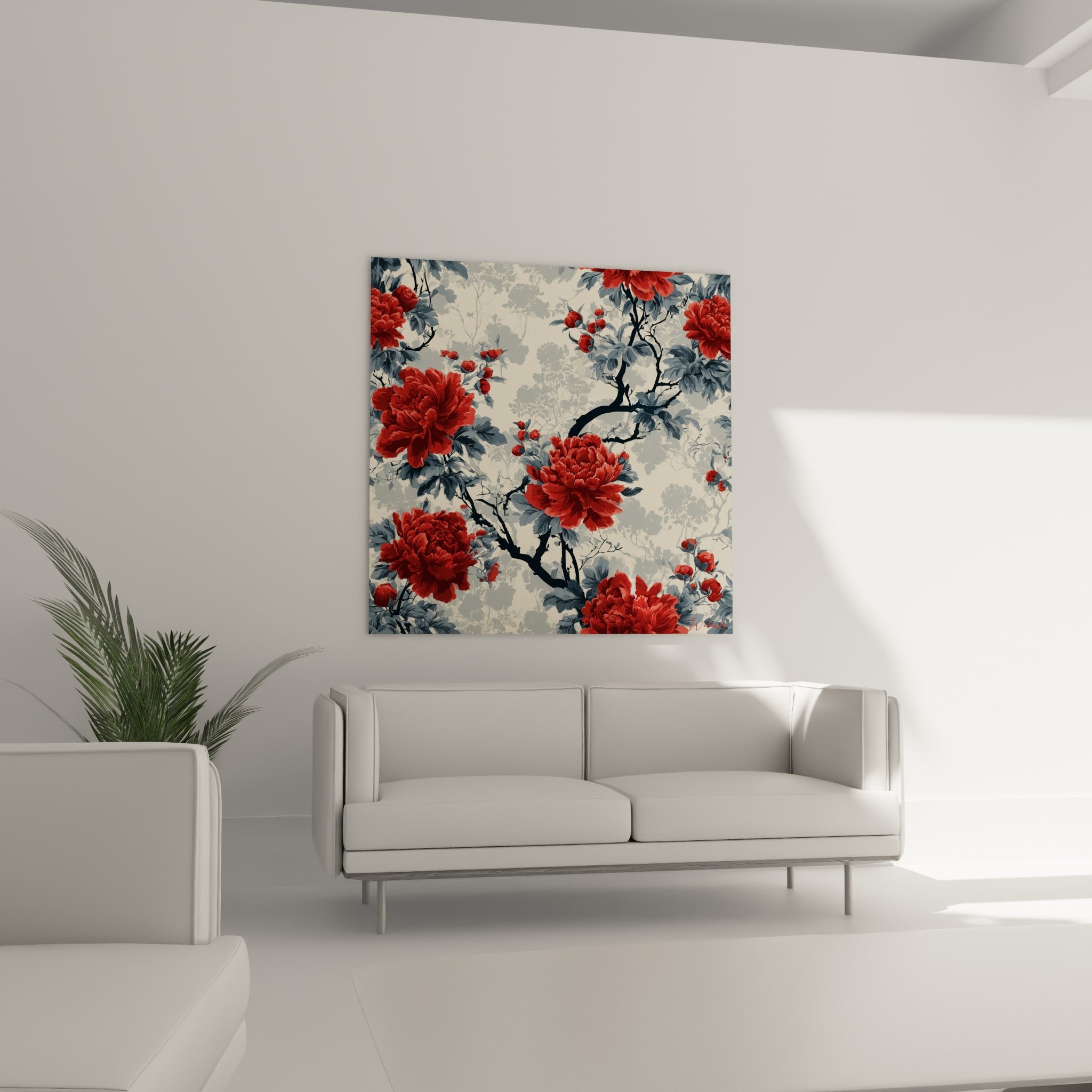 Fleurs de pivoine rouge vif sur fond ivoire suspendues au-dessus d'un canapé dans un salon lumineux
