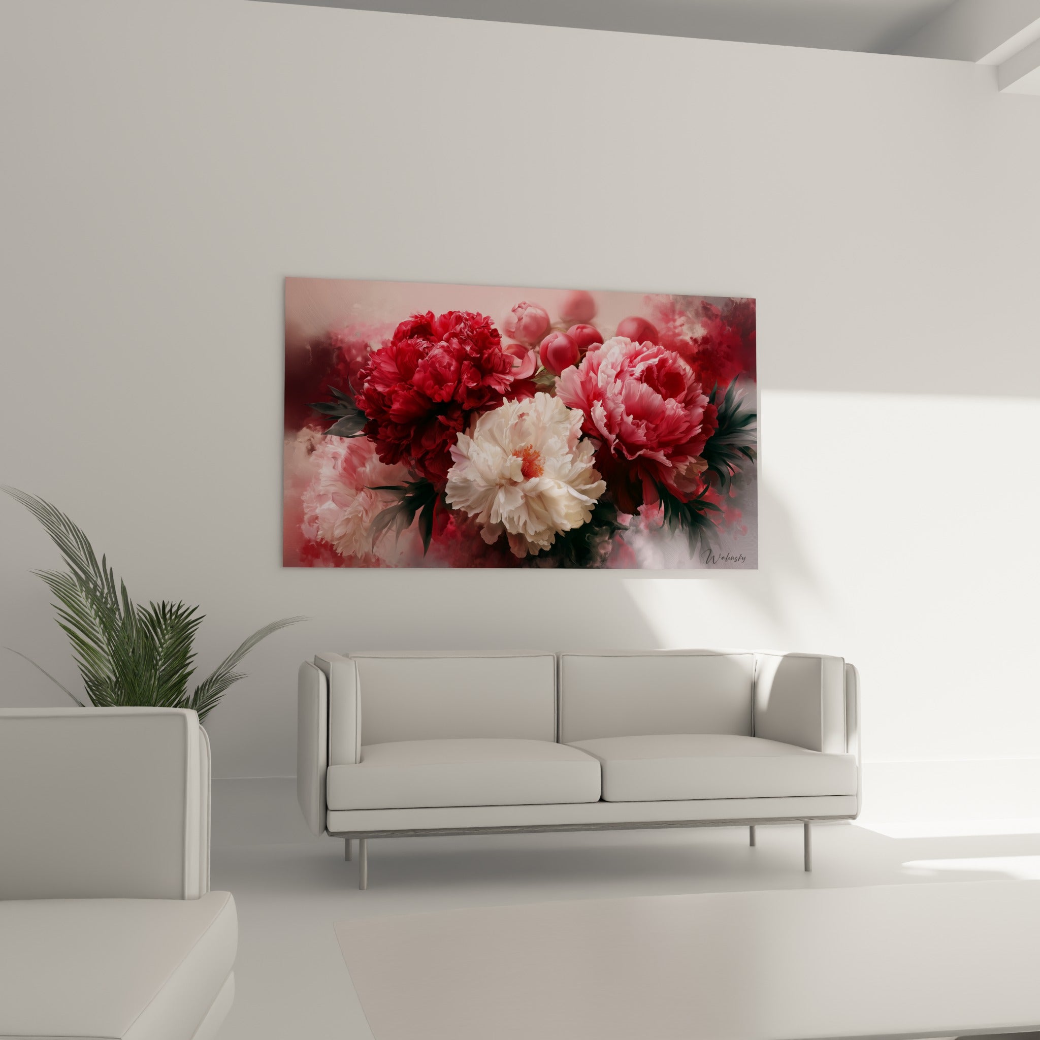 Fleurs de pivoine rose et bordeaux disposées au-dessus d'un canapé dans un salon lumineux