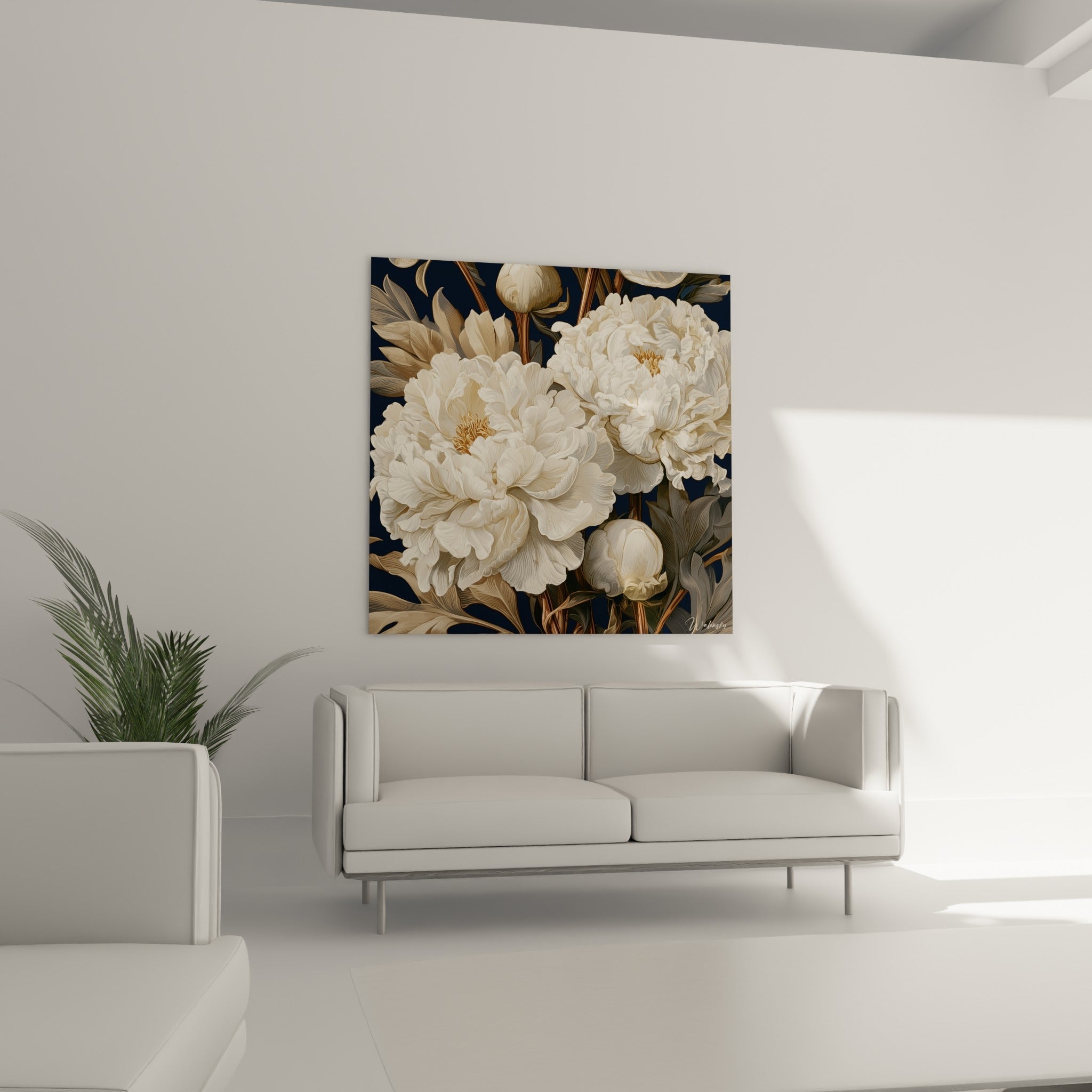 Fleurs de pivoine blanches sur fond bleu marine intense au-dessus d'un canapé dans un salon lumineux