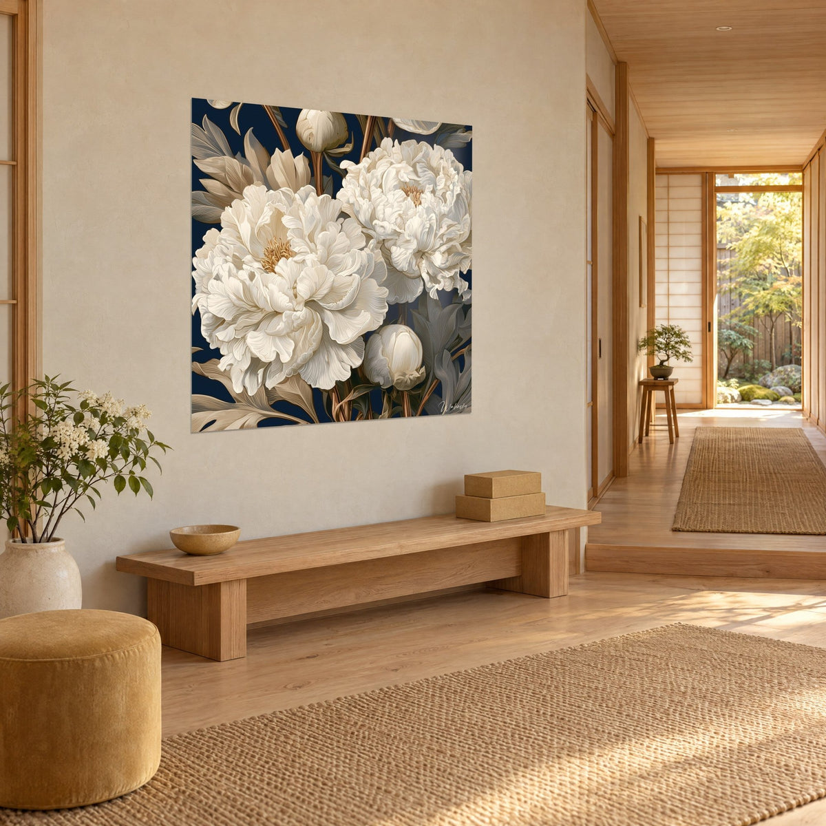 Gemälde cremeweiße Blüten mit goldenen Herzen, geschlossene Knospen und kupferfarbene Stiele auf nachtblauem Grund, Japandi-Flur mit Holzbank