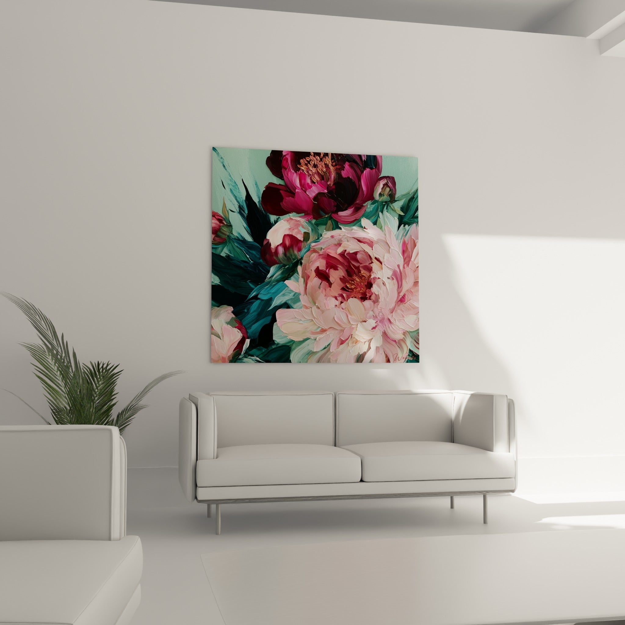 Fleurs de pivoine bordeaux et roses disposées au-dessus d'un canapé dans un salon lumineux