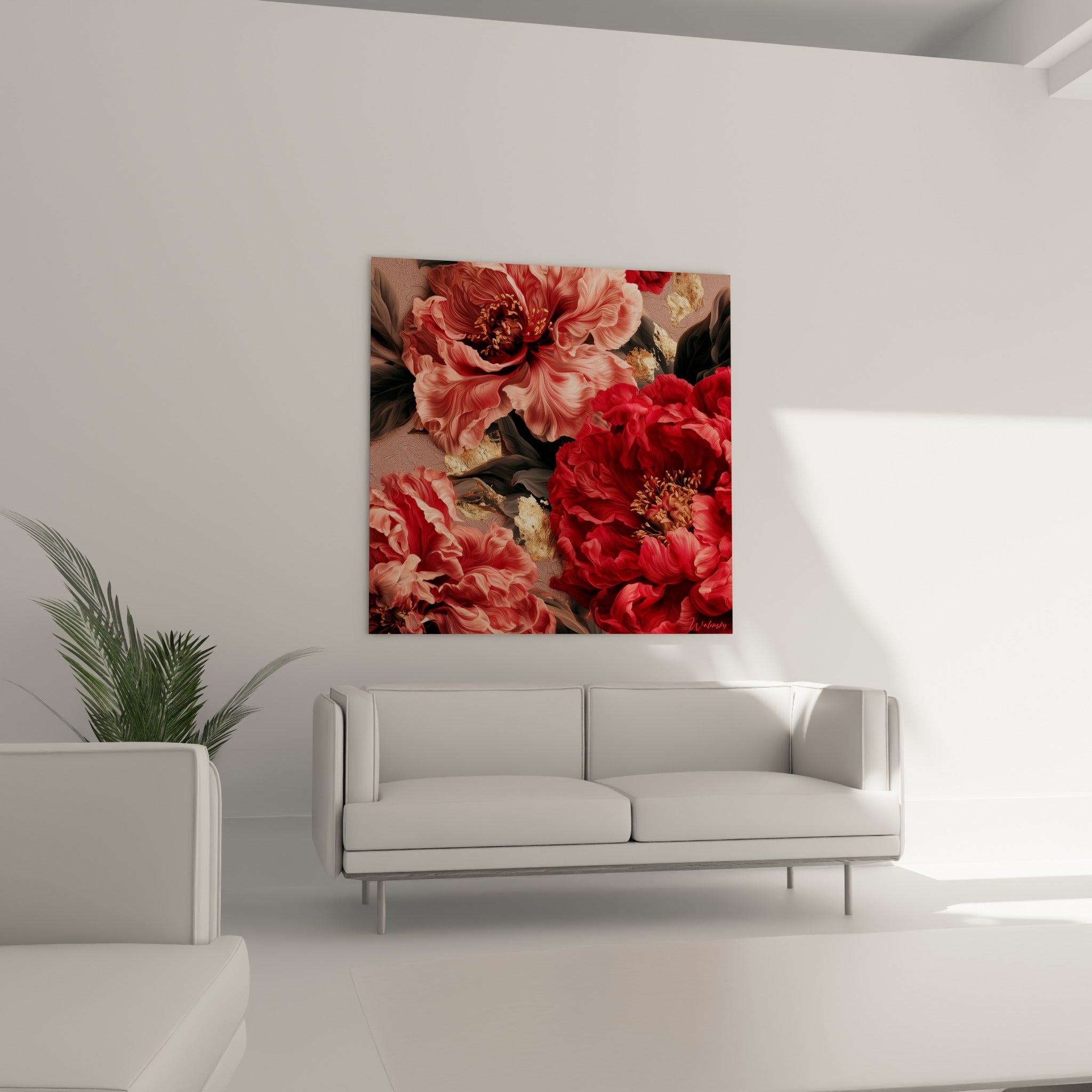 Pétales de pivoine veloutés rouge et rose accrochés au-dessus d'un canapé dans un salon lumineux