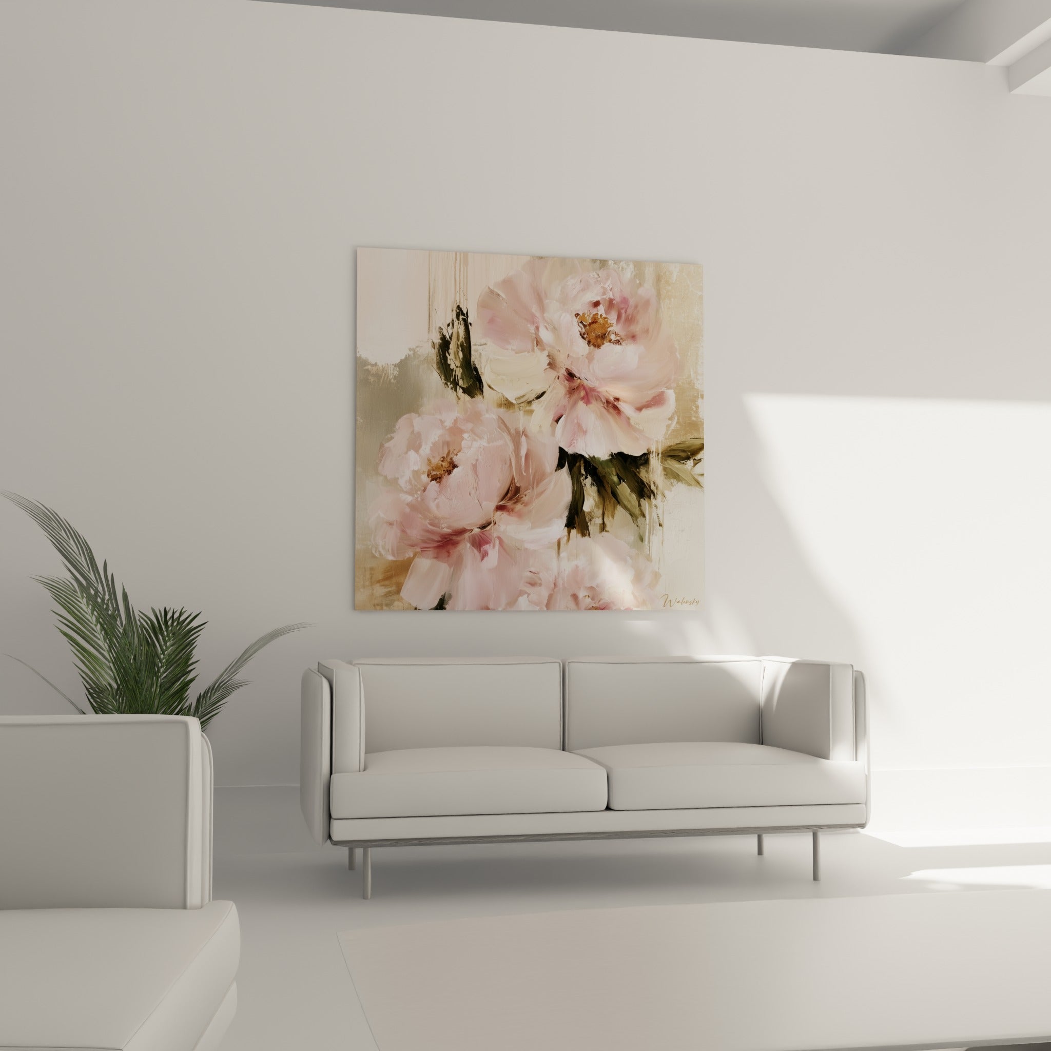 Fleurs de pivoine roses et vert olive au-dessus d'un canapé dans un salon lumineux